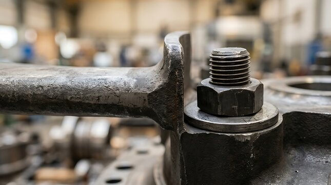 Close up of a large industrial metal bolt and nut