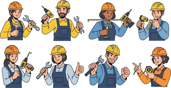 Construction workers character pose set with diverse male and female builders holding tools and wearing hard hats.