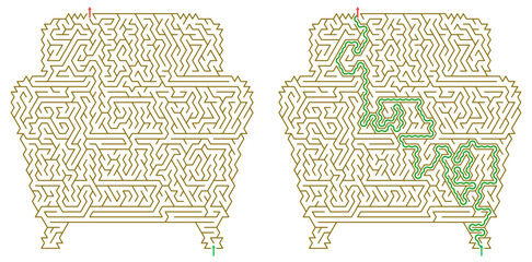 A vector maze puzzle in the shape of a cozy armchair with a travel theme and the solution on a transparent background   © Vera Kokorina