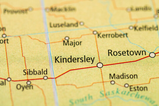 Printed map showing Kindersley Rosetown and Saskatchewan border.