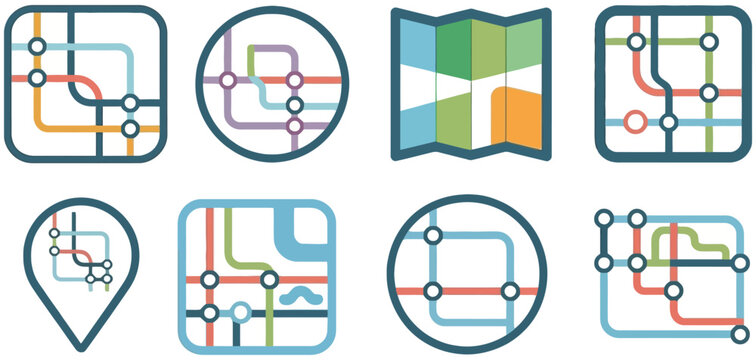 Colorful transit map icons in flat vector style featuring metro lines, bus stops, transportation routes, and urban navigation symbols