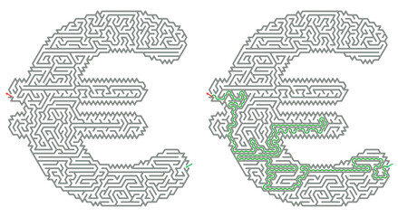 A vector maze puzzle in the shape of the euro symbol with a travel theme and the solution on a transparent background   © Vera Kokorina