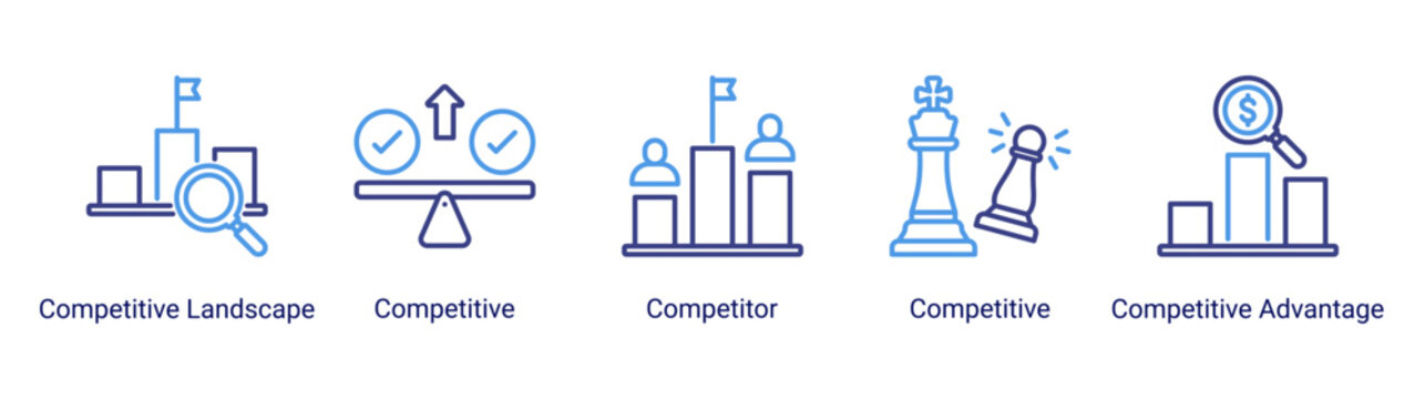 Competitive Strategy icon set featuring competitor analysis,market rivalry,competitive positioning,and strategic advantage concepts.