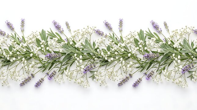 Horizontal floral border with lavender and babys breath on white