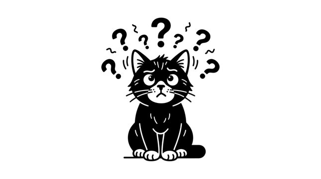 Confused Black Cat Sitting with Question Marks Above Head