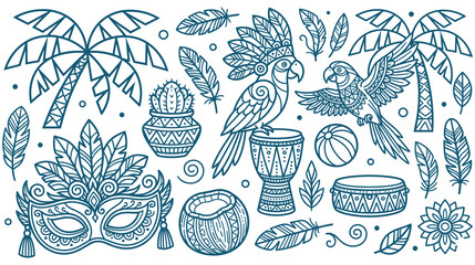 Tropical carnival celebration line art illustration with parrot bird. © abedin