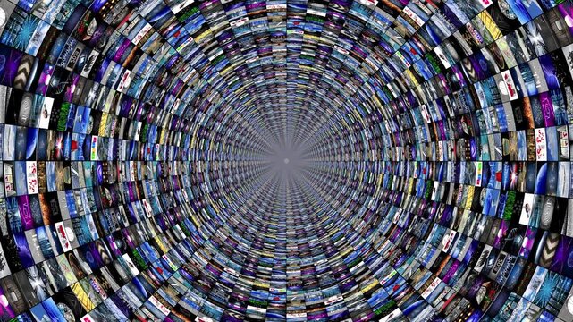 Flying Into Media Tunnel of Video Loops - 3d 4k animation (3840 x 2160 px)
