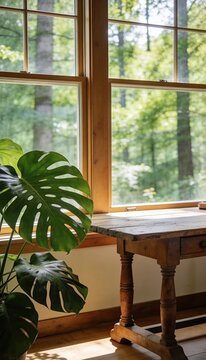 Monstera plant and rustic wooden table by window with lush forest view