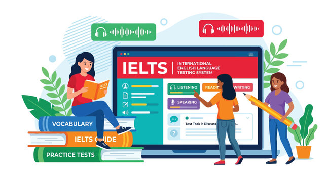 Students preparing for the ielts english proficiency exam using a laptop and various study books