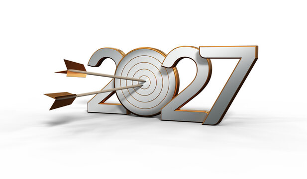 2027 business strategy and success concept with two arrows hitting the bullseye target and 3D metallic numbers on transparent background