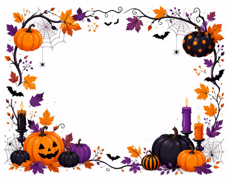Halloween Decorative Frame with Pumpkins Bats and Autumn Leaves Ilustration