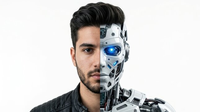 Half human, half robot face with striking blue eye. Represents technology and AI integration.