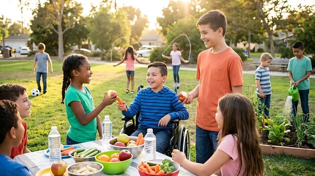 Diverse children enjoying outdoor activity and healthy food in sunlight