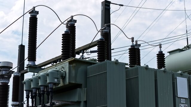 Close-Up of High Voltage Transformer Bushings and Insulators