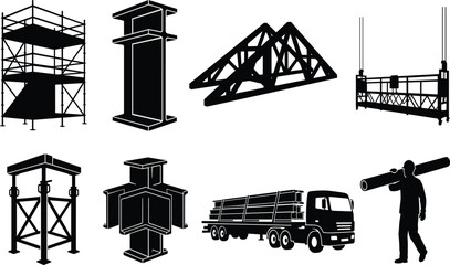 Industrial Construction Silhouette Set Featuring Scaffolding Steel Beams Cargo Truck and Worker Carrying Pipe © Mdjoshelahamed4400 