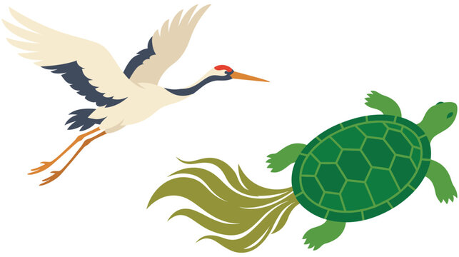 Crane bird and turtle longevity symbols in japanese traditional art style.