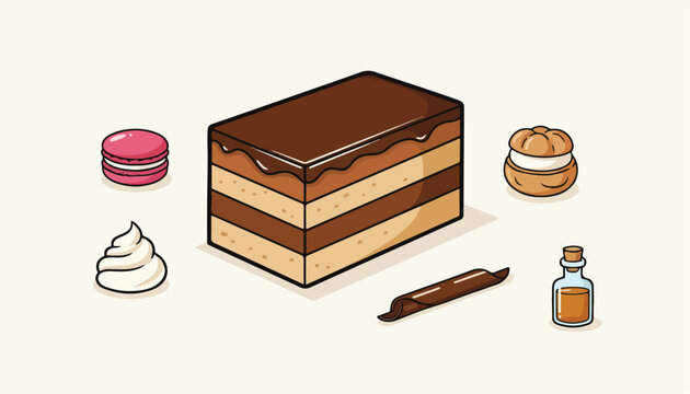 Illustration of chocolate opera cake with various pastry ingredients.