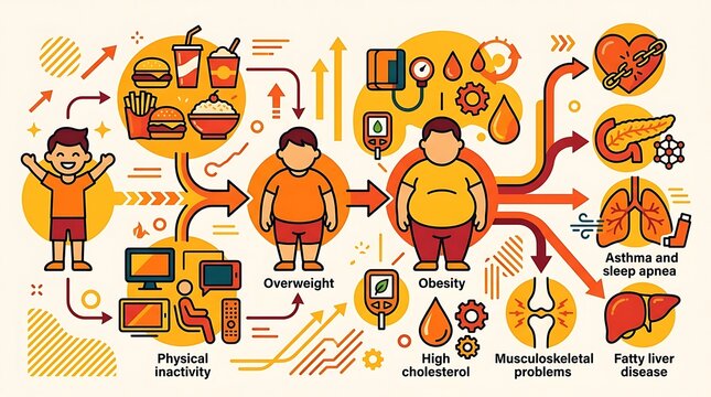 Infographic showing the causes and health consequences of obesity