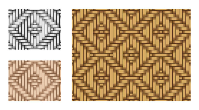 Rattan Bamboo Woven Basket Weave Wicker Seamless Pattern Background Vector Illustration Set