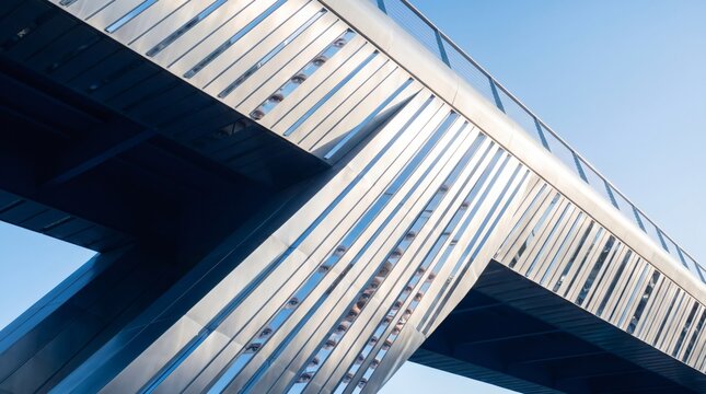 Low angle view of modern metal bridge reflecting human eyes, urban security and visual awareness concept
