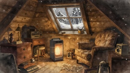 Naklejka premium Cozy attic room with a space heater and armchair during a winter snowstorm