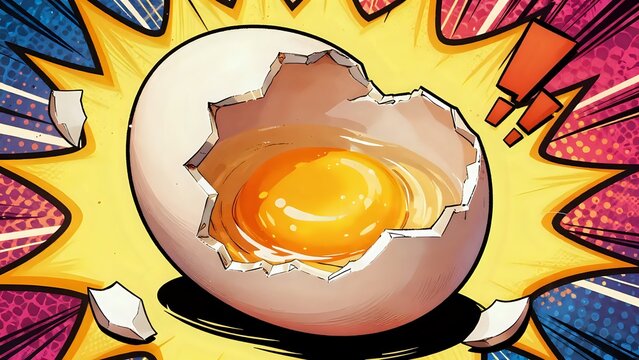 Cracked raw egg with yellow yolk inside a comic book style explosion frame