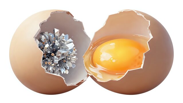 Broken brown egg with raw yolk and cluster of silver crystals inside