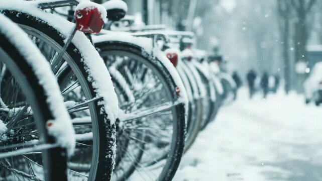 The bicycles are covered with snow and parked in a row on the side of the street. The city is blanketed in white snow. The scene captures the tranquility of winter in an urban setting.