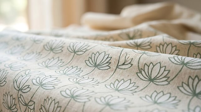 Natural linen textile with green lotus flower floral pattern