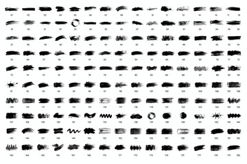 Fototapeta premium Large Black Brush Stroke Collection with Grunge Paint Swatches and Ink Texture Elements Isolated on White Background