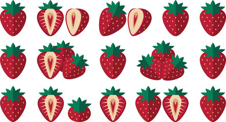 Collection of organic summer berry fresh strawberry illustrations in groups and single elements isolated on white © Afroja