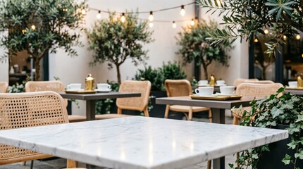 Obraz premium Outdoor Cafe Terrace with Marble Tables and String Lights for Web Design