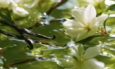 Obraz premium beauty ingredients submerged in shimmering green water, vanilla pods, delicate white petals