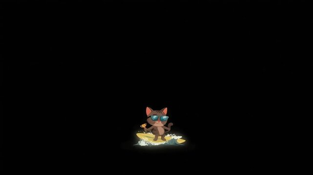Cool tabby cat wearing stylish sunglasses rides a yellow surfboard while holding a golden trophy in this animated digital video