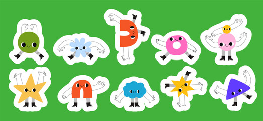 Fototapeta premium Abstract geometric sticker pack featuring whimsical cartoon shapes doing yoga poses Hand drawn playful characters with white borders for planning kid journals and prints