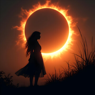 Silhouette of woman standing in front of solar eclipse