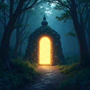 Glowing stone gate in misty forest