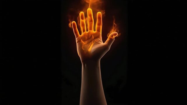 Human hand reaching upwards with bright orange flames engulfing fingers in this cinematic high resolution motion video animation clip