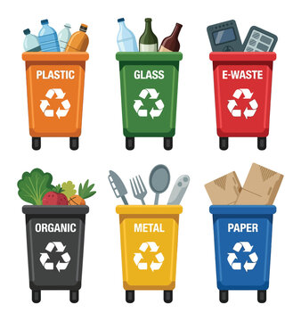 Trash containers cartoon vector illustration, garbage bins for metal, e-waste, plastic, glass, organic and paper waste separation in colorful flat design for recycling and environmental management sys