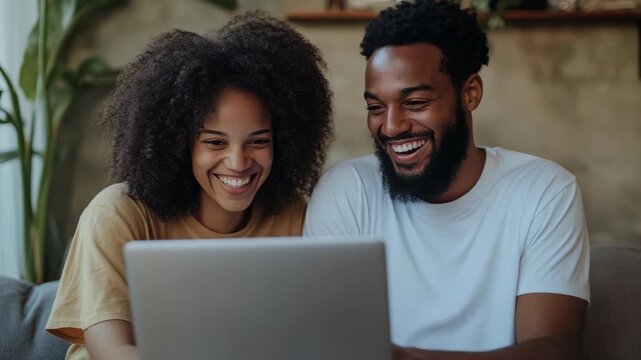 A joyful moment between two people as they laugh and interact with a laptop.