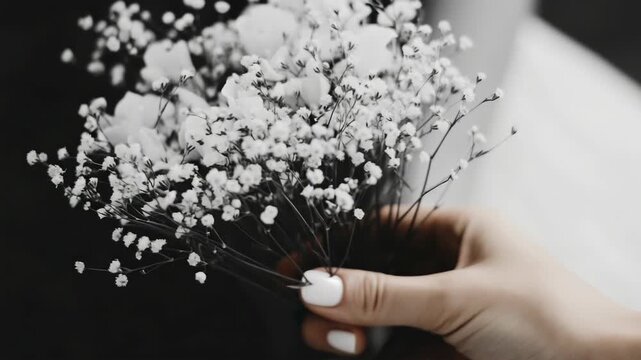 A close-up shot of a hand gently picking up and placing small white flowers into a vase. The background is blurred with hints of a dark room setting.