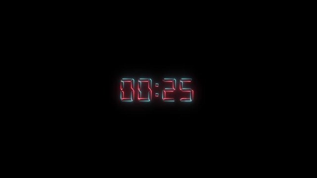 Red glowing digital countdown timer display on black background abstract motion