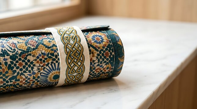 Rolled patterned yoga mat with embroidered strap on marble counter