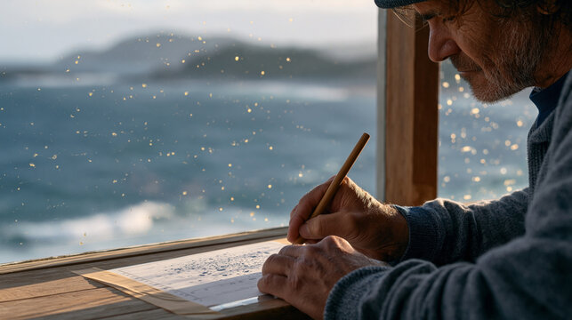 Scatter plot correlation data printed on translucent film taped to rain-streaked Maori coastal research station window, marine biologist hands tracing fish population cluster,