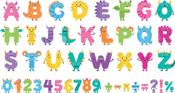 Cute colorful monster alphabet font with uppercase letters numbers and math symbols on white background