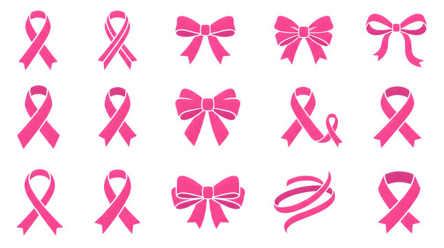 Breast cancer awareness pink ribbons and bows set isolated on transparent background