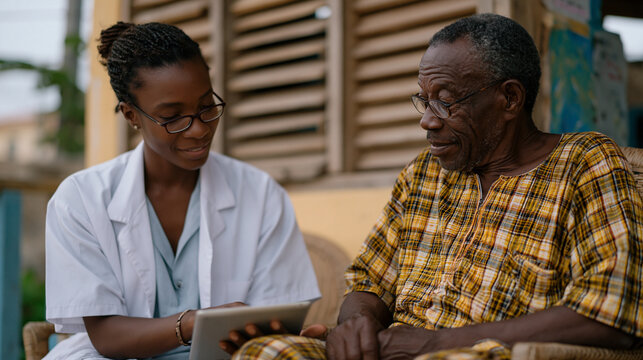 Ghanaian clinical pharmacist reviewing blood pressure and hemoglobin logs on a tablet during a chronic disease monitoring follow-up visit with an elderly male patient seated in a