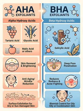 Educational infographic comparing aha and bha chemical exfoliants