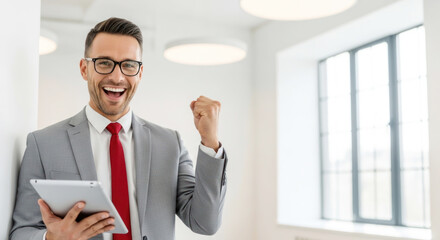 Fototapeta premium Businessman in gray suit celebrates success while holding tablet in modern office with large windows and bright lighting
