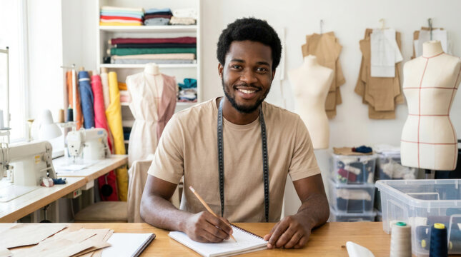 Male fashion designer sketches ideas at a wooden table in a bright studio filled with sewing machines and colorful fabric rolls